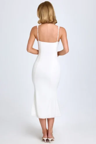 Robe mi-longue Petula à bordures en dentelle, blanche