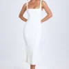 Robe mi-longue Petula à bordures en dentelle, blanche