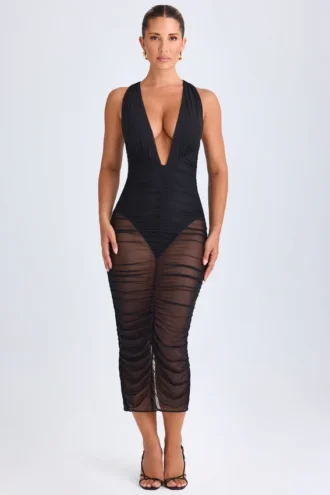Robe mi-longue plongeante à fronces Safira en noir