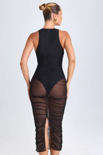 Robe mi-longue plongeante à fronces Safira en noir