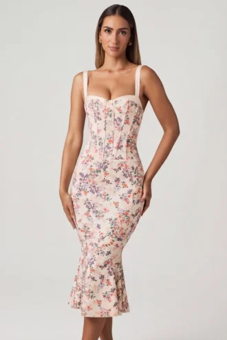 Robe mi-longue à queue de poisson avec détails de soutien-gorge superposé « Valentina » à imprimé floral primevère