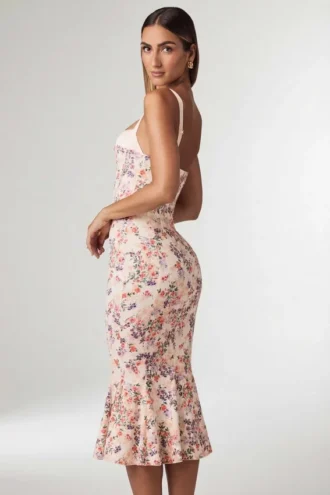 Robe mi-longue à queue de poisson avec détails de soutien-gorge superposé « Valentina » à imprimé floral primevère