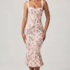 Robe mi-longue à queue de poisson avec détails de soutien-gorge superposé « Valentina » à imprimé floral primevère Robe mi-longue à queue de poisson avec détails de soutien-gorge superposé « Valentina » à imprimé floral primevère