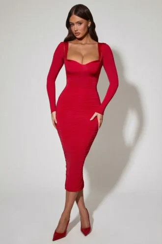 Robe mi-longue rouge à volants et détails de soutien-gorge superposés Deliana