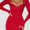 Robe mi-longue rouge à volants et détails de soutien-gorge superposés Deliana