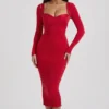 Robe mi-longue rouge à volants et détails de soutien-gorge superposés Deliana