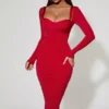 Robe mi-longue rouge à volants et détails de soutien-gorge superposés Deliana