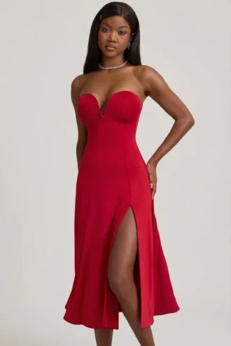 Robe mi-longue sans bretelles A-line en jersey fluide Joely, couleur rouge vif