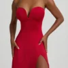 Robe mi-longue sans bretelles A-line en jersey fluide Joely, couleur rouge vif Robe mi-longue sans bretelles A-line en jersey fluide Joely, couleur rouge vif