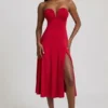 Robe mi-longue sans bretelles A-line en jersey fluide Joely, couleur rouge vif Robe mi-longue sans bretelles A-line en jersey fluide Joely, couleur rouge vif
