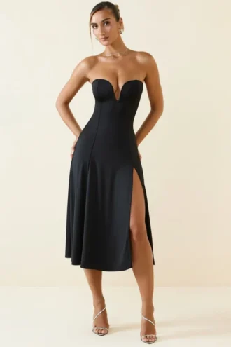 Robe mi-longue sans bretelles en jersey fluide Joely, coupe trapèze, couleur noir