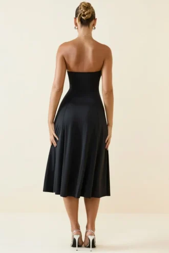 Robe mi-longue sans bretelles en jersey fluide Joely, coupe trapèze, couleur noir