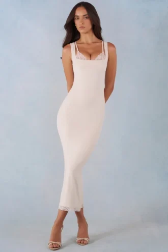 Robe mi-longue Sorelle en modal avec bordure en dentelle, couleur ivoire