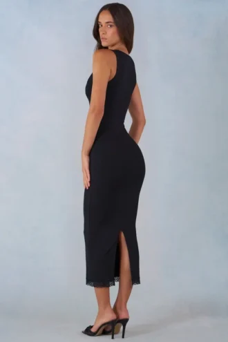 Robe mi-longue Sorelle en modal avec bordure en dentelle, couleur noire