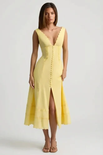 Robe mi-longue évasée en popeline de coton Aralisse, jaune pastel Robe mi-longue évasée en popeline de coton Aralisse, jaune pastel