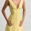 Robe mi-longue évasée en popeline de coton Aralisse, jaune pastel Robe mi-longue évasée en popeline de coton Aralisse, jaune pastel