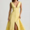 Robe mi-longue évasée en popeline de coton Aralisse, jaune pastel Robe mi-longue évasée en popeline de coton Aralisse, jaune pastel