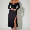Robe mi-longue évasée à lacets et épaules dénudées Nerissa, couleur noire Robe mi-longue évasée à lacets et épaules dénudées Nerissa, couleur noire