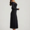 Robe mi-longue évasée à lacets et épaules dénudées Nerissa, couleur noire Robe mi-longue évasée à lacets et épaules dénudées Nerissa, couleur noire