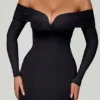 Robe mi-longue évasée à lacets et épaules dénudées Nerissa, couleur noire Robe mi-longue évasée à lacets et épaules dénudées Nerissa, couleur noire