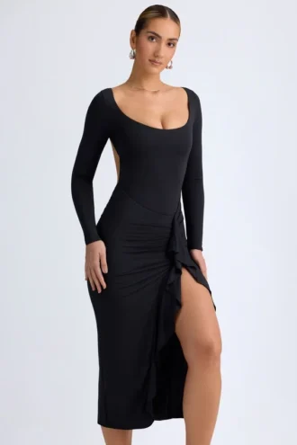 Robe mi-longue à volants en modal Tarai, couleur noire