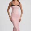 Robe mi-longue à volants et détails de soutien-gorge Valentina, à pois roses Robe mi-longue à volants et détails de soutien-gorge Valentina, à pois roses