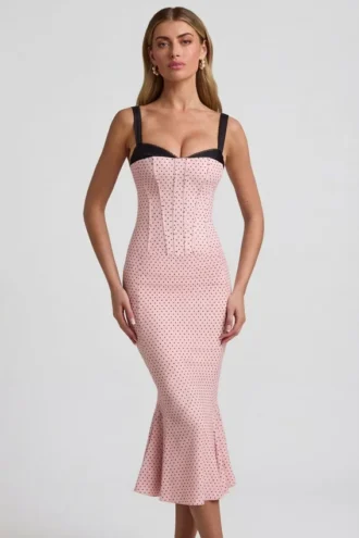 Robe mi-longue à volants et détails de soutien-gorge Valentina, à pois roses
