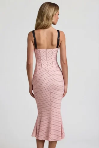 Robe mi-longue à volants et détails de soutien-gorge Valentina, à pois roses