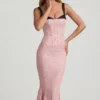 Robe mi-longue à volants et détails de soutien-gorge Valentina, à pois roses Robe mi-longue à volants et détails de soutien-gorge Valentina, à pois roses