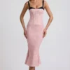 Robe mi-longue à volants et détails de soutien-gorge Valentina, à pois roses Robe mi-longue à volants et détails de soutien-gorge Valentina, à pois roses