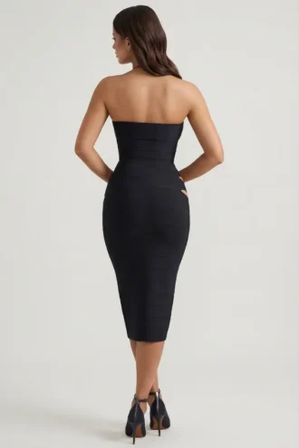 Robe midi ajustée à encolure dos nu et découpes Nika, en noir