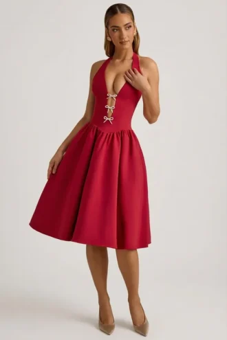 Robe midi Angelina à nœud et dos nu, couleur rouge vif