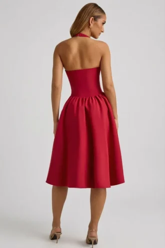 Robe midi Angelina à nœud et dos nu, couleur rouge vif