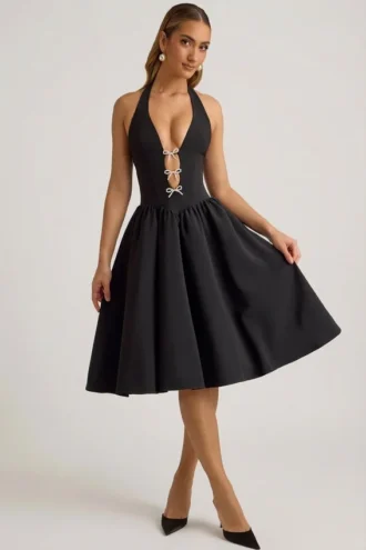 Robe midi Angelina à nœud et dos nu, en noir