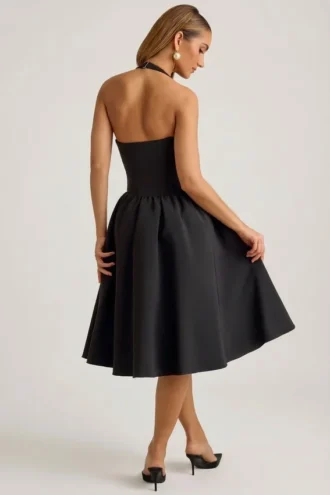 Robe midi Angelina à nœud et dos nu, en noir