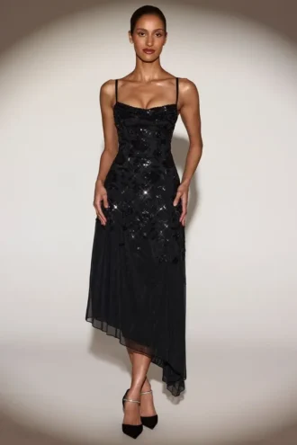 Robe midi asymétrique Zelina à encolure dégagée et ornements, en noir