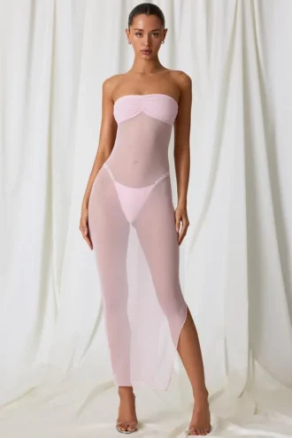 Robe midi bandeau froncée Papeete en rose pâle