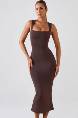 Robe midi à encolure carrée Ainslee, couleur chocolat