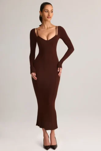 Robe midi à manches longues Ori Modal Peekaboo, couleur chocolat