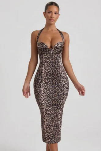 Robe midi moulante à encolure dos nu et superpositions Ismay, imprimé léopard