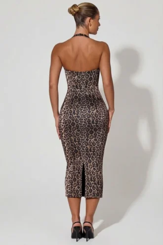 Robe midi moulante à encolure dos nu et superpositions Ismay, imprimé léopard