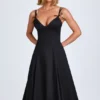 Robe midi trapèze Mallory à nœuds, en noir