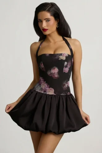 Robe Nanala à dos nu, lacets et ourlet bouffant, imprimé floral noir