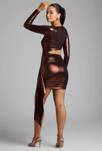 Robe Nasira en jersey métallisé à découpes, couleur cuivre bronze