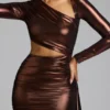 Robe Nasira en jersey métallisé à découpes, couleur cuivre bronze Robe Nasira en jersey métallisé à découpes, couleur cuivre bronze