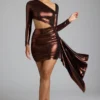 Robe Nasira en jersey métallisé à découpes, couleur cuivre bronze Robe Nasira en jersey métallisé à découpes, couleur cuivre bronze