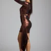 Robe Nasira en jersey métallisé à découpes, couleur cuivre bronze Robe Nasira en jersey métallisé à découpes, couleur cuivre bronze