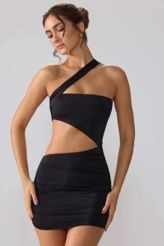 Robe Shyla en jersey moulant froncé avec découpes, couleur noir