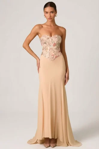Robe sirène à corset orné Lysana, beige à motifs floraux
