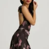 Robe trapèze à dos nu drapé Nalini, imprimé floral noir